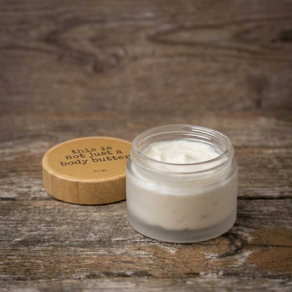 Open frosted glass jar of Dan's body butter with bamboo lid reading 'this is not just a body butter'