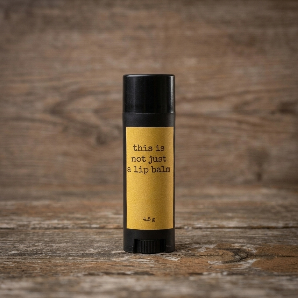 Dan's lip balm in a black tube with kraft 'this is not just a lip balm' label on weathered wood