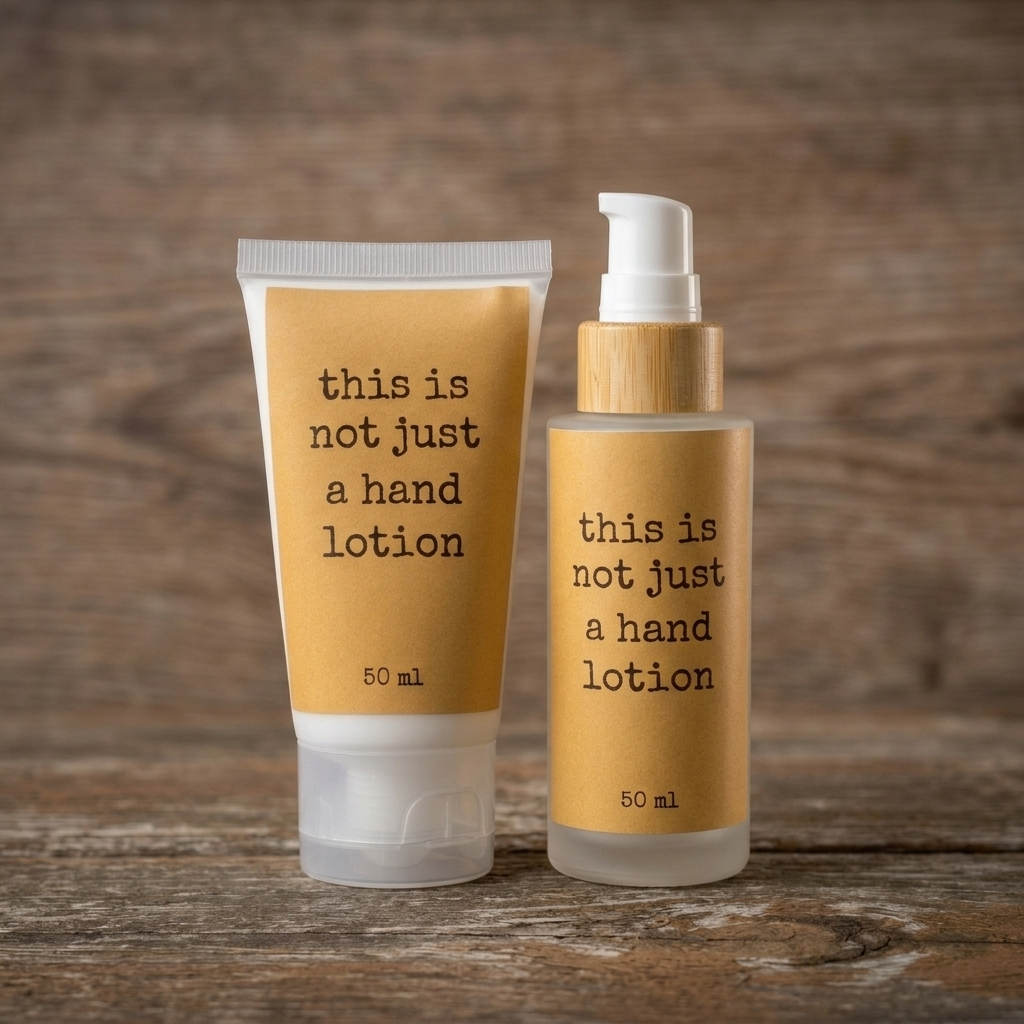 White squeeze tube of Dan's hand lotion with kraft 'this is not just a hand lotion' label